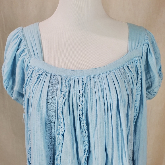 Free People Angele Gauzy Mini Dress Boho Summer Blue Oversized Puff Sleeve XS - Picture 8 of 15